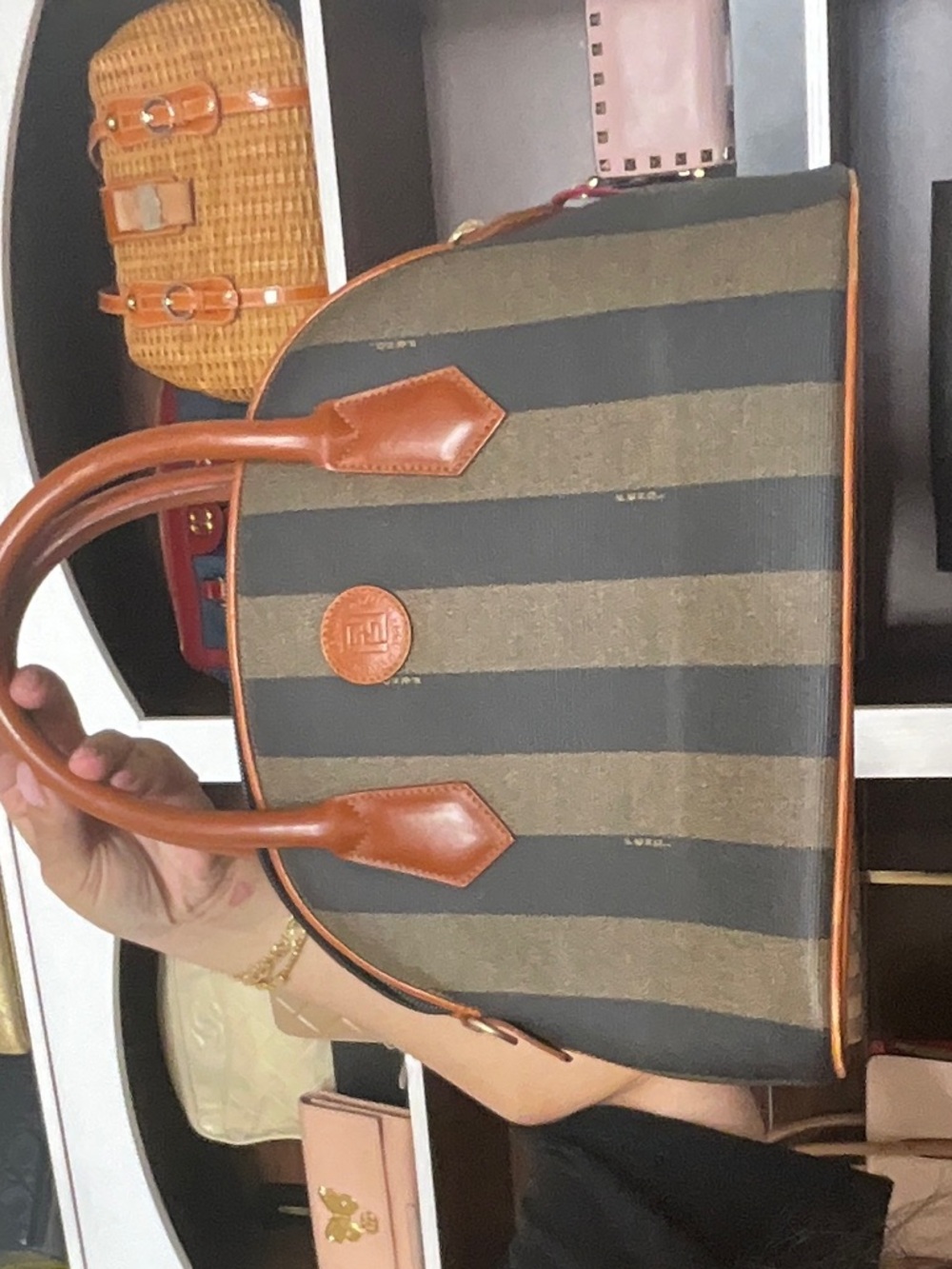 Fendi Brown and Black Striped Leather-Trim Messenger Bag